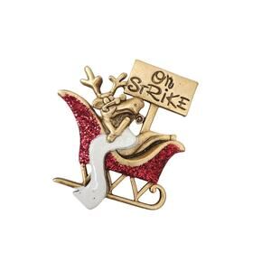 Signed DANECRAFT Reindeer On Strike Gold Tone Vintage Brooch Pin Red